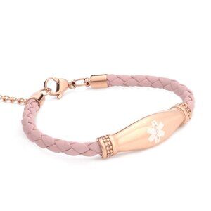 NEW! No BP IV Needles or Lymphedema PINK Leather Rose Gold Stainless Bracelet
